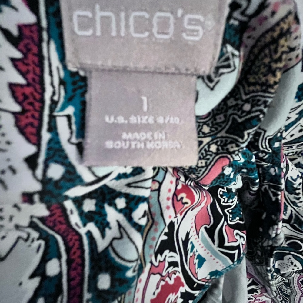 Chico's Teal, Burgandy and White Sheath Dress with Bell Sleeves - Picture 8 of 11